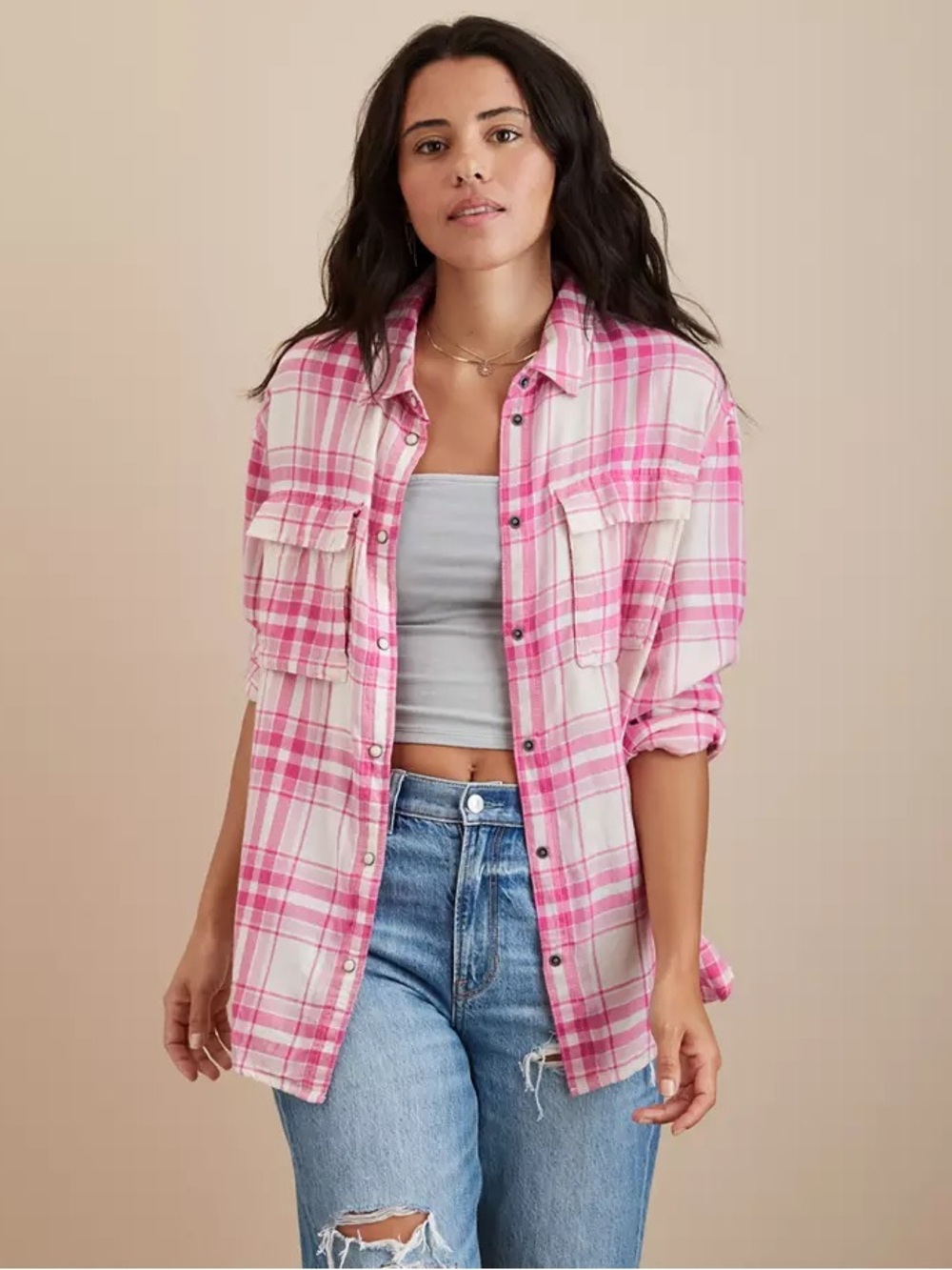 AE Oversized Long-Sleeve Plaid Button-Up Shirt